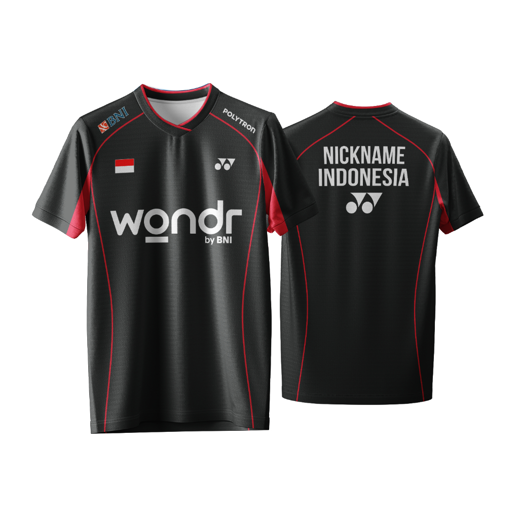 Jersey Badminton Custom Hitam Strip Merah Premium 2025