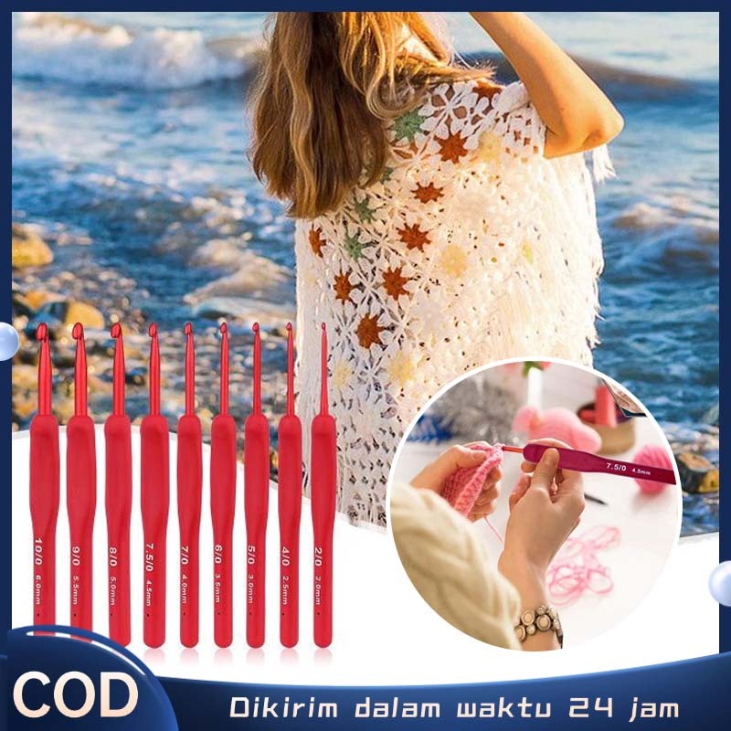 9Pcs Hakpen Rajut Merah Alat Merajut Jarum Rajut Set Lengkap Jarum Rajut