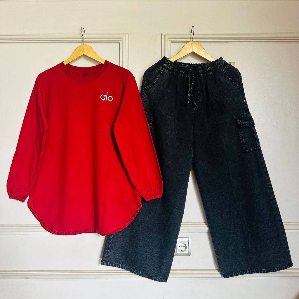 Setelan Kulot Wanita Atasan Cotton Combed 20s, Celana Jeans Kulot Cargo, Setelan Celana Wanita Terpo