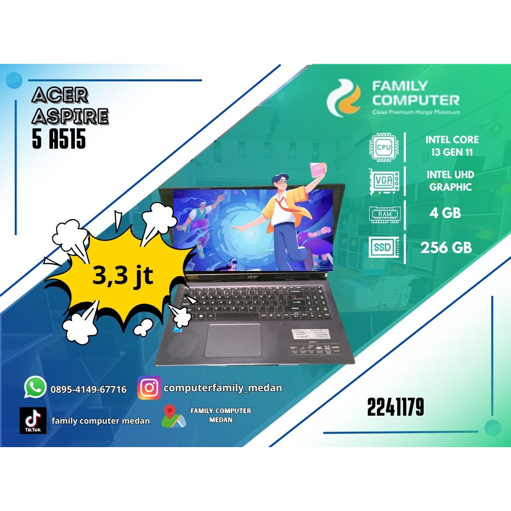ACER ASPIRE 5 A515 | INTEL CORE I3 GEN 11 | INTEL UHD GRAPHIC | 4GB | 256GB