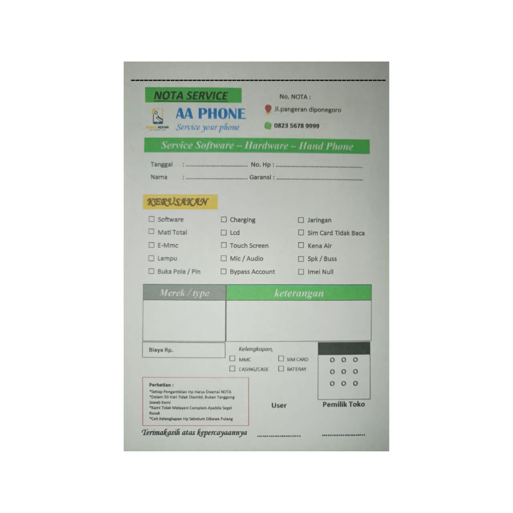 

Nota service hp custom isi 50 lembar