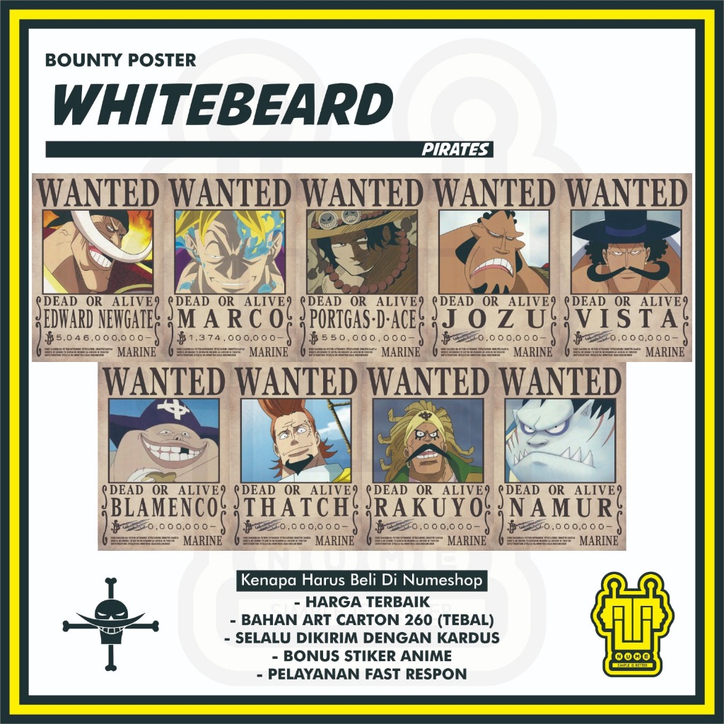 1set - Poster Bounty Wanted One Piece Shirohige Whitebeard Pirates