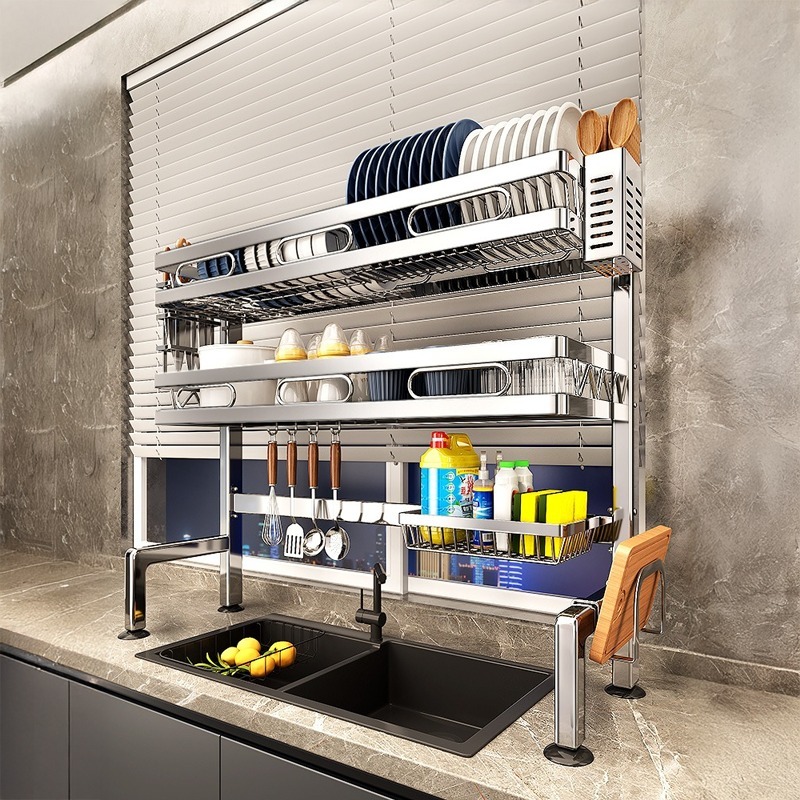 Rak Dapur di Atas Wastafel dari Stainless Steel 304 – Rak Tirisan Multifungsi untuk Mangkuk & Piring