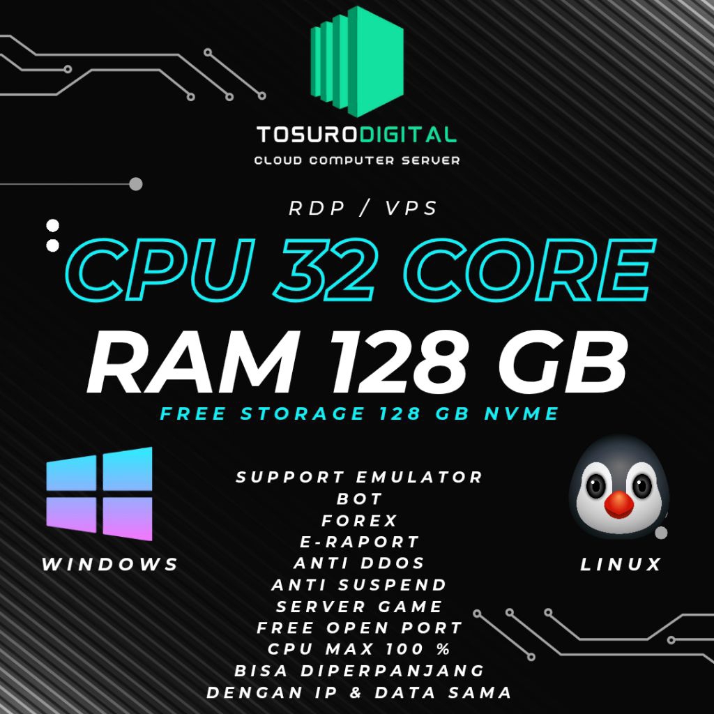 RDP VPS PREMIUM INDONESIA 32 CORE 128 GB CPU 100% ANTI SUSPEND BISA DIPERPANJANG