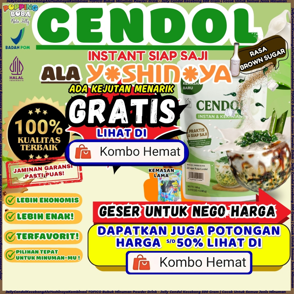 

JellyCendolKecebongAlaYoshinoyaKombinasi TOFICO Bubuk Minuman Powder Drink - Jelly Cendol Kecebong 500 Gram | Cocok Untuk Semua Jenis Minuman