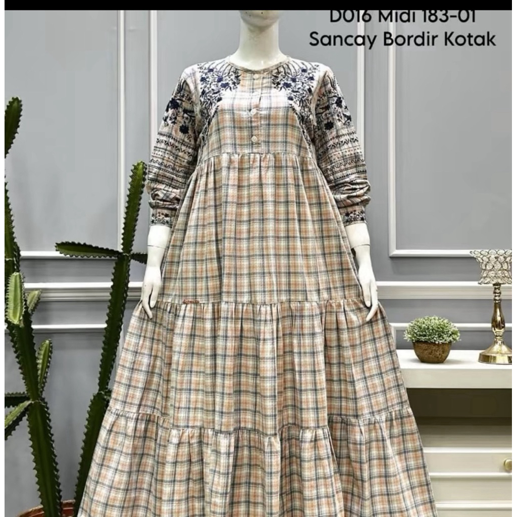 Midi dress salvina motif kotak bordir terbaru