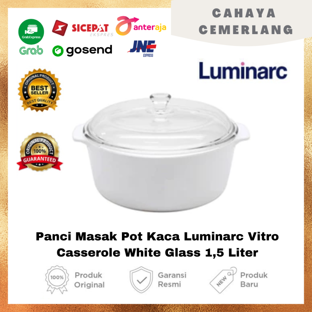 Panci Masak Pot Kaca Luminarc Vitro Casserole White Glass 1,5 Liter