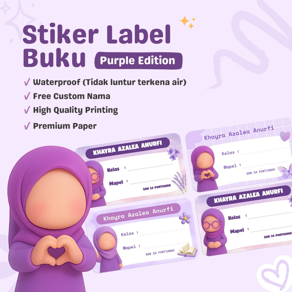 Stiker Label Buku Sekolah Anak Perempuan Muslimah – Purple Edition (Free Custom Nama)