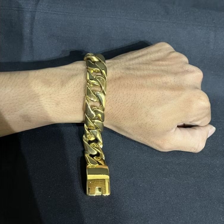 Gelang Cowok & Cewek Rantai Jumbo 17mm Warna Silver & Gold Asli Titanium Stainless Steel 316L Elegan