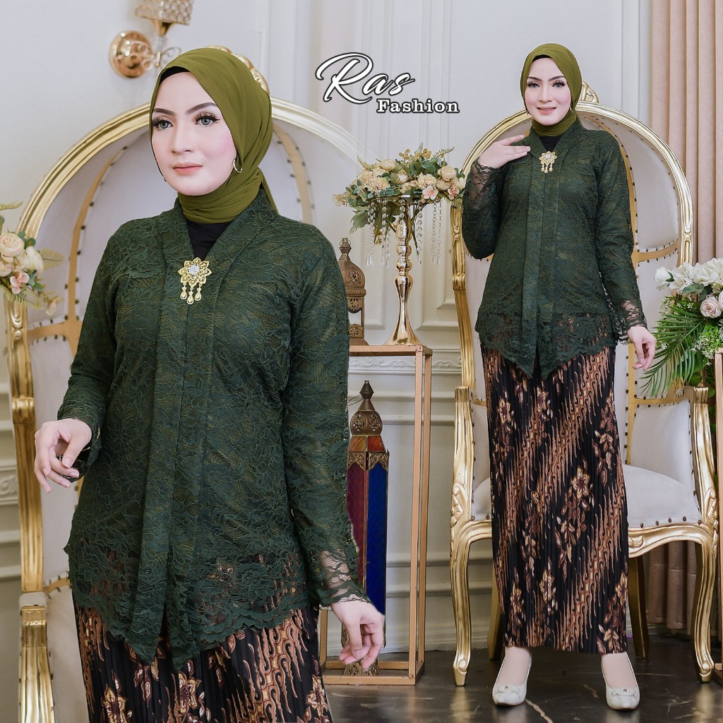 (FREE BROS) SETELAN KEBAYA BROKAT FLOY LENGAN PANJANG / BAJU KARTINI WISUDA KONDANGAN MODERN / KEBAY