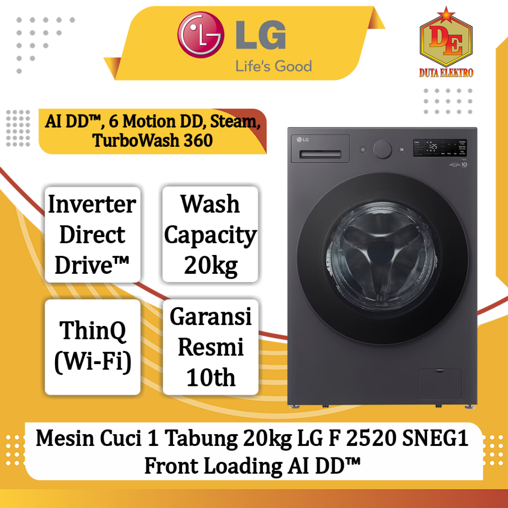 Mesin Cuci 1 Tabung 20kg LG F 2520 SNEG1 Front Loading AI DD™