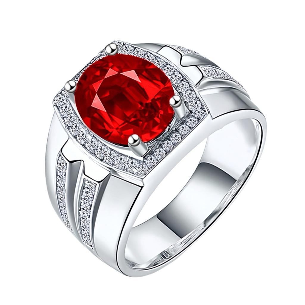 Cincin Pria Akik Rubi Merah Ring Warna Perak Batu Red Ruby Cubic Zirconia