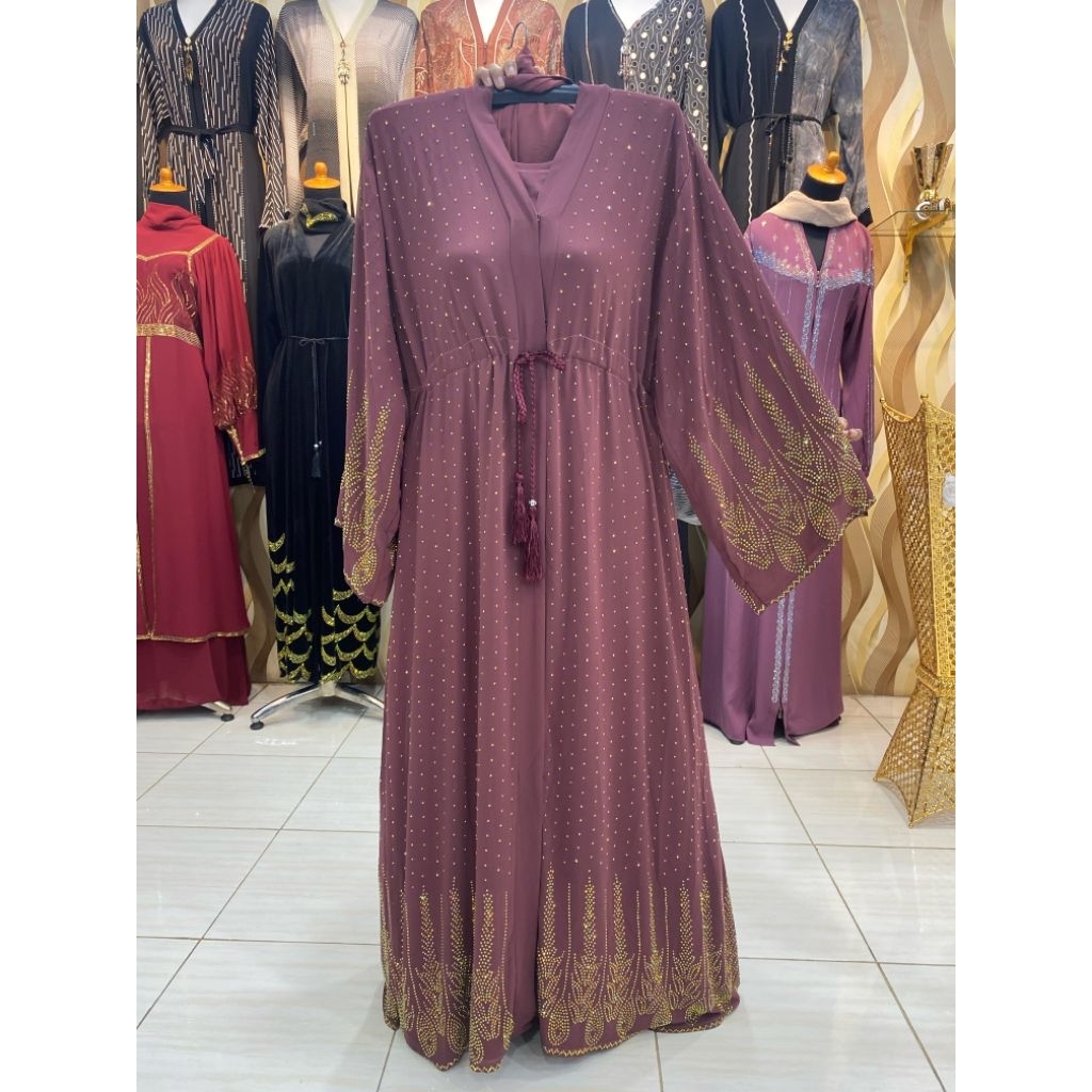 Abaya Dubai Inner Outer Motif Swaroski Rainbow Gold