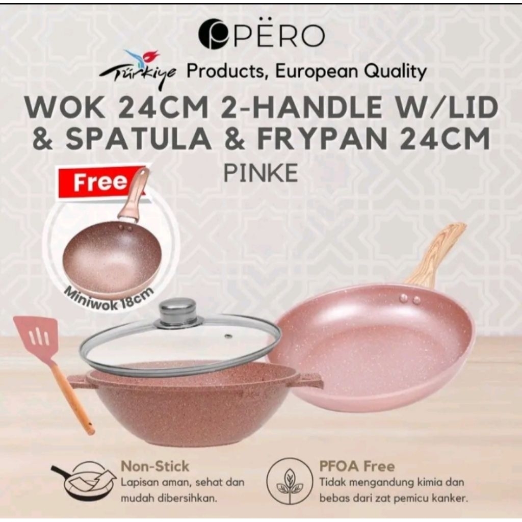 Ready Pero Bundling Set Of 2 Wok 24cm, 2 Hendle with Lid-Spatula + Frypan 24cm, Free mini Wok 18 cm 