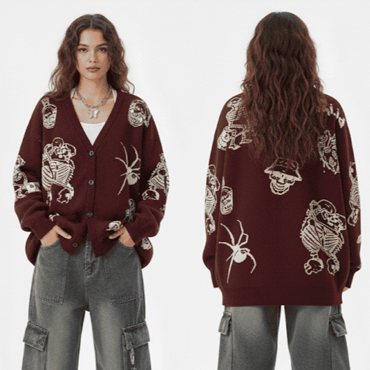 Cardigan Rajut Oversize Motif Tengkorak Skeleton Vintage Streetwear Cardigan Rajut Oversize Motif Te