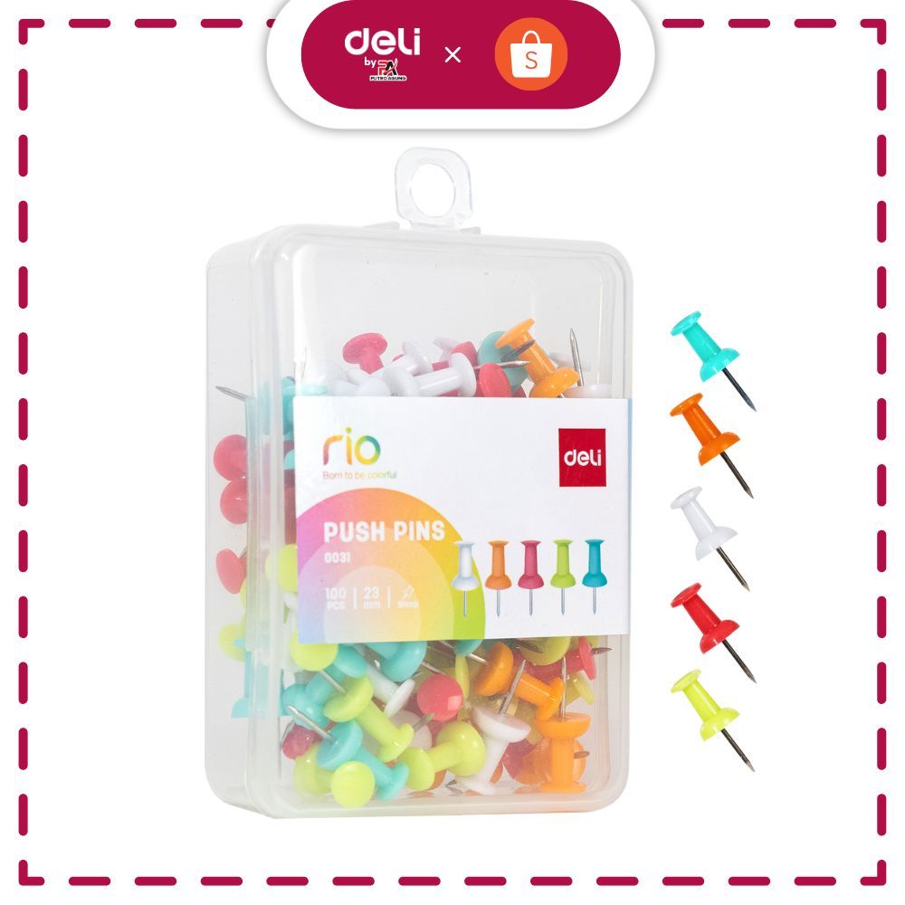 

Deli Push Pins 23mm 100pcs/Box Anti karat 5 Warna untuk memudahkan pengindeksan E0031