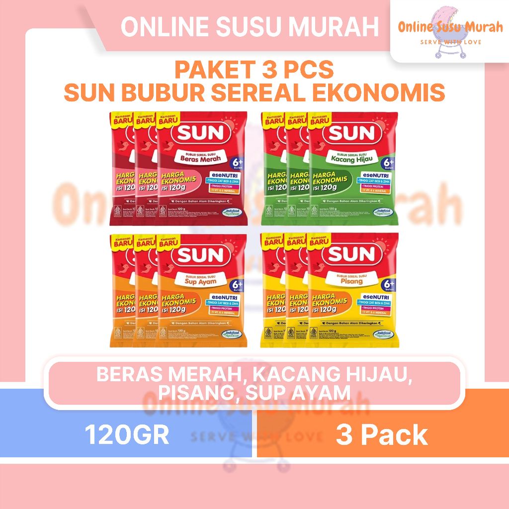 SUN PAKET 3 SACHET BUBUR SEREAL SUSU 6+ HARGA EKONOMIS 1 SACHET 120 GR BUBUR MPASI BAYI 120GR PRLA