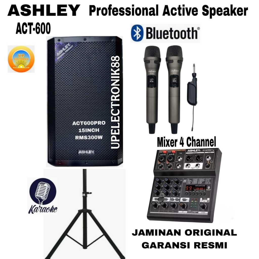 Paket karaoke speaker aktif 15 inch ASHLEY ACT600PRO+mixer ashley+1 set mic wireless original