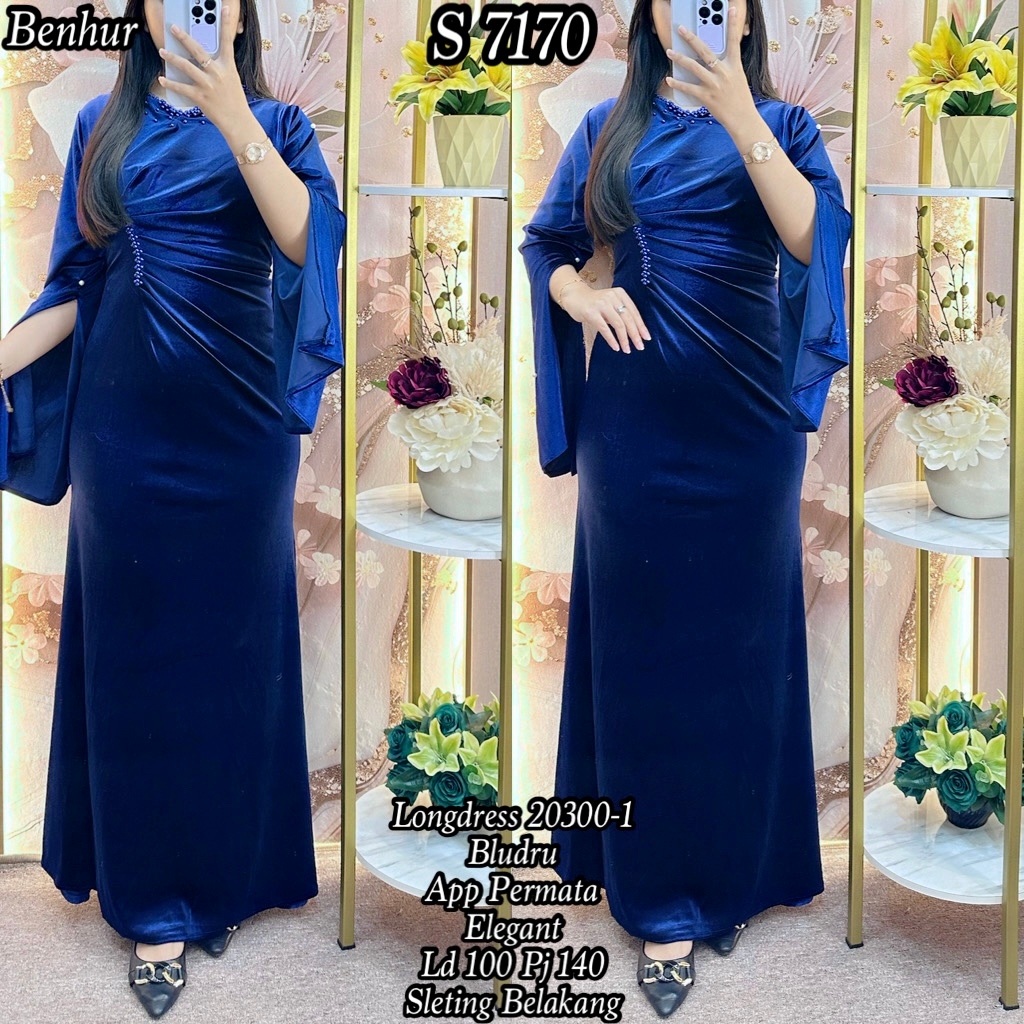 7170 Longdress Bludru Mutiara Bodycon Stretch Baju Gaun Pesta Natal Slim Wanita 20300 1