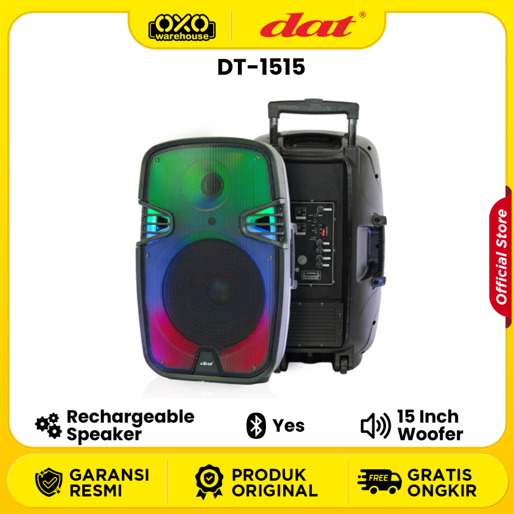 DAT Trolley Speaker  DT-1515 Bluetooth 15" Woffer Rechargeable Speaker Low Watt Garansi Resmi
