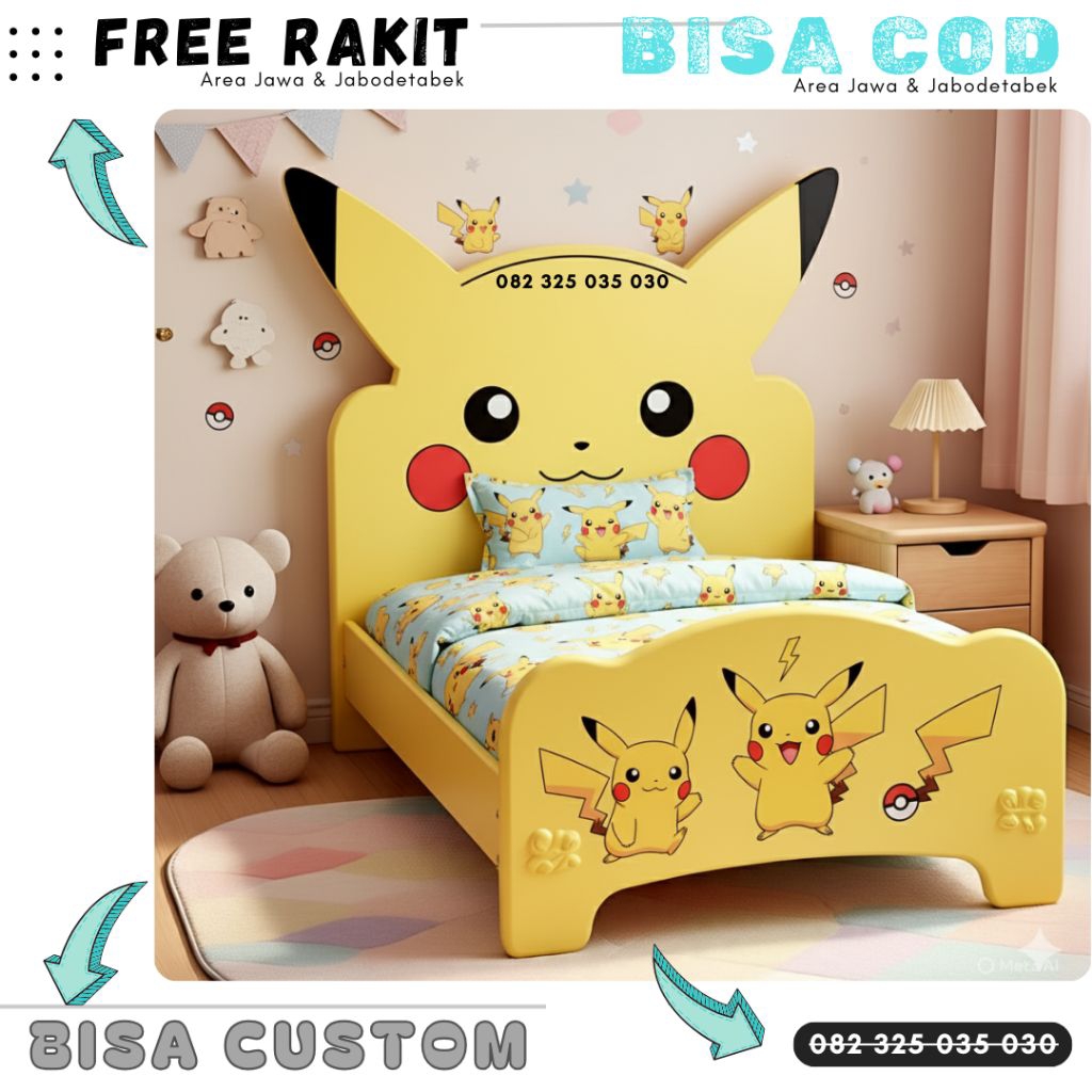 Tempat Tidur Minimalis Karakter Pikachu , Kasur Anak Laki Laki 120x200