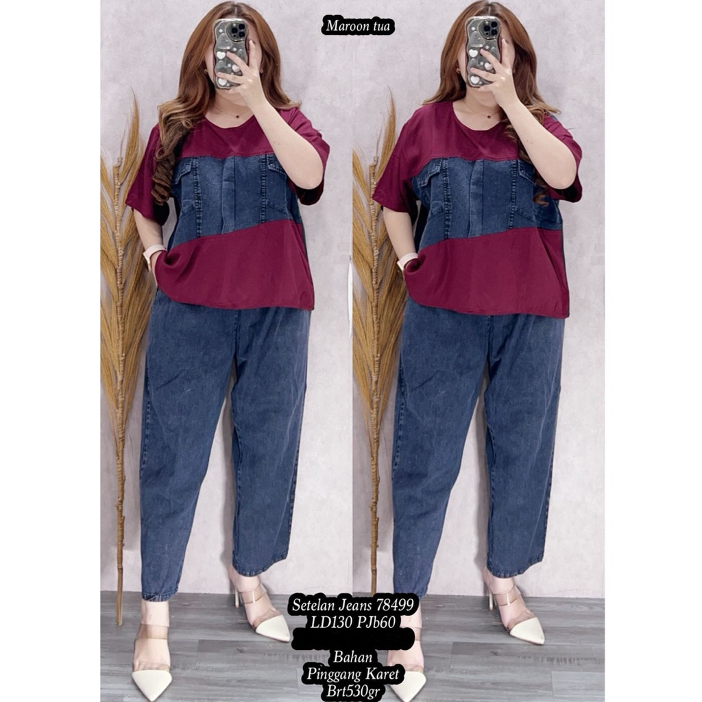 78499 SETELAN CP JEANS KOMBINASI RAYON TWILL LD130 WANITA|SETELAN JUMBO|SETELAN BIGSIZE