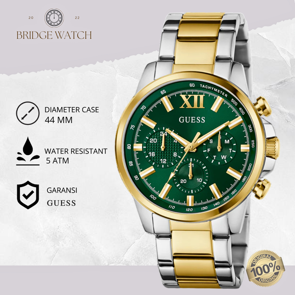 Jam Tangan Pria Guess GW0900G5 Chronograph Green Dial Gold Case Silver Gold Stainless Steel Strap Ra