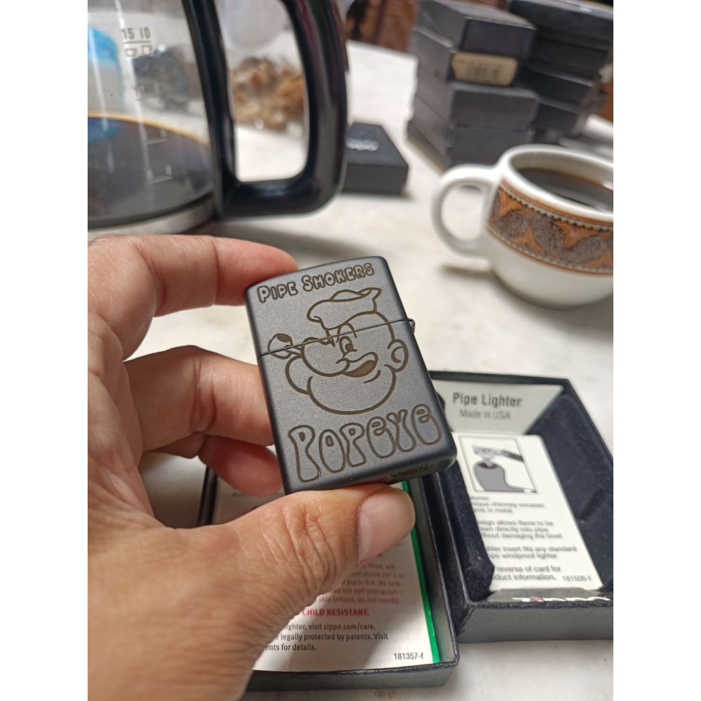Zippo Pipe Lighter Black Matte Custome Laser Engrave Popeye Smoking Pipe Bottom H-13