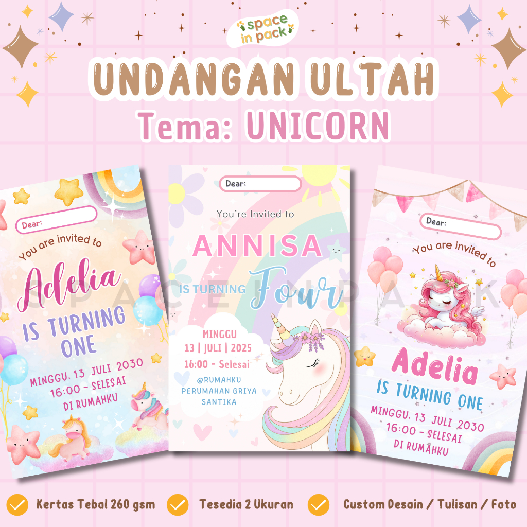 spaceinpack - Undangan Ulang Tahun Anak | Undangan Ultah Unicorn| Undangan Ultah Anak Custom