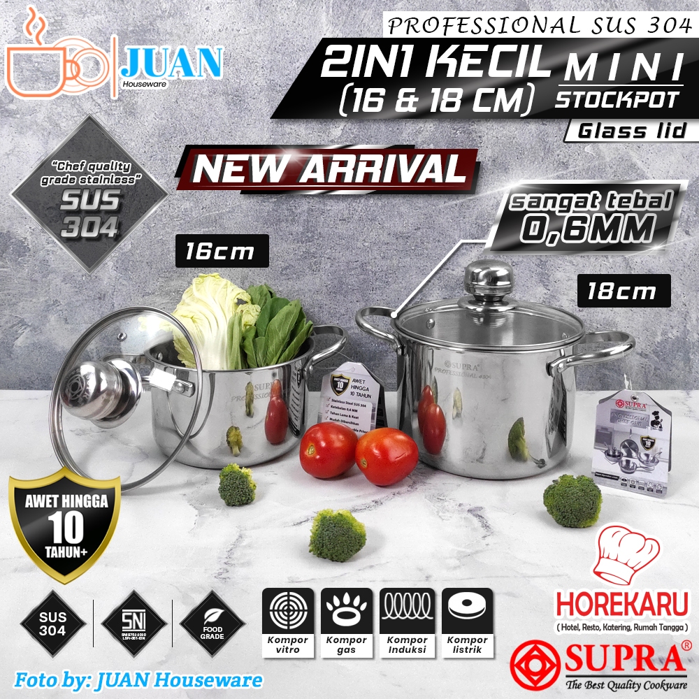 [NEW2025] Supra Panci Soup Set Mini Stock pot 2 in 1 Induction 16 cm & 18 cm Stainless Steel SUS 304