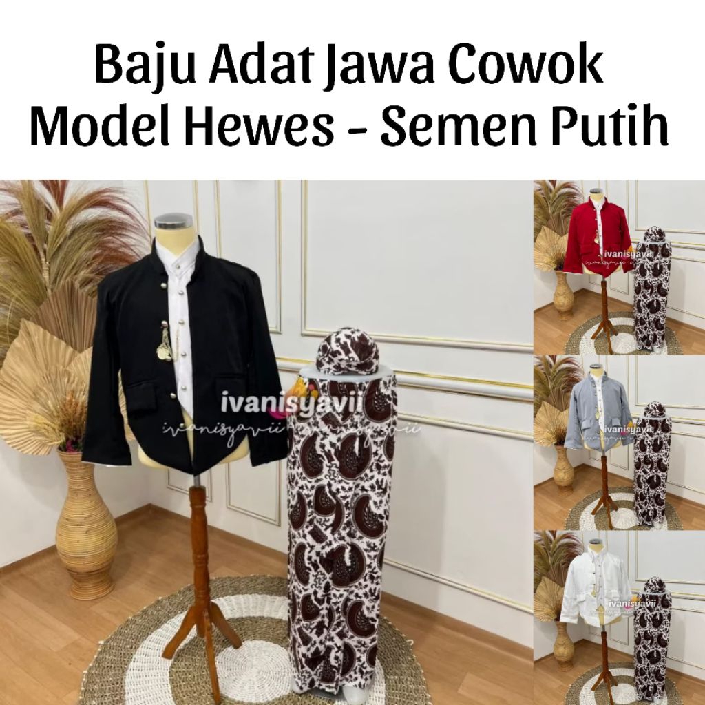 (1set Cowok) Baju Adat Jawa / Beskap +Jarik +Blangkon +Benggol | Hewes- Semen Putih