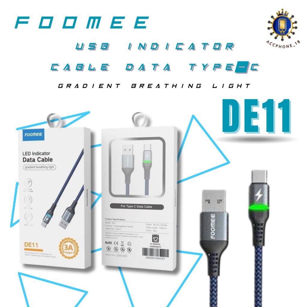FOOMEE DE11 Kabel data type-c 3A fast charging LED indikator 1m.