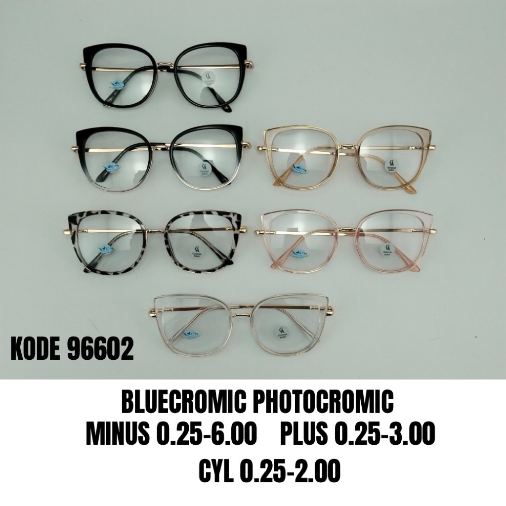 96602 Kacamata Semi Oval Cateyes Premium Frame Photochromic Antiblueray Min Plus Cyl