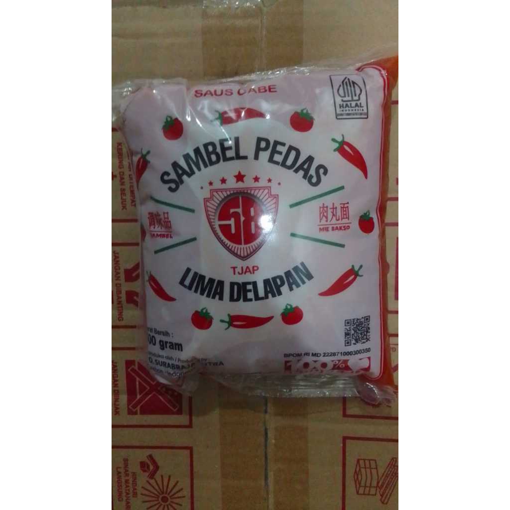 

Saus Cabe Sambel Pedas Tjap Lima Delapan 600 gr x 24 pcs per Dus / Saos Sambal Cap 58 ukuran 600 gram x 24 bantal per Dos / Karton