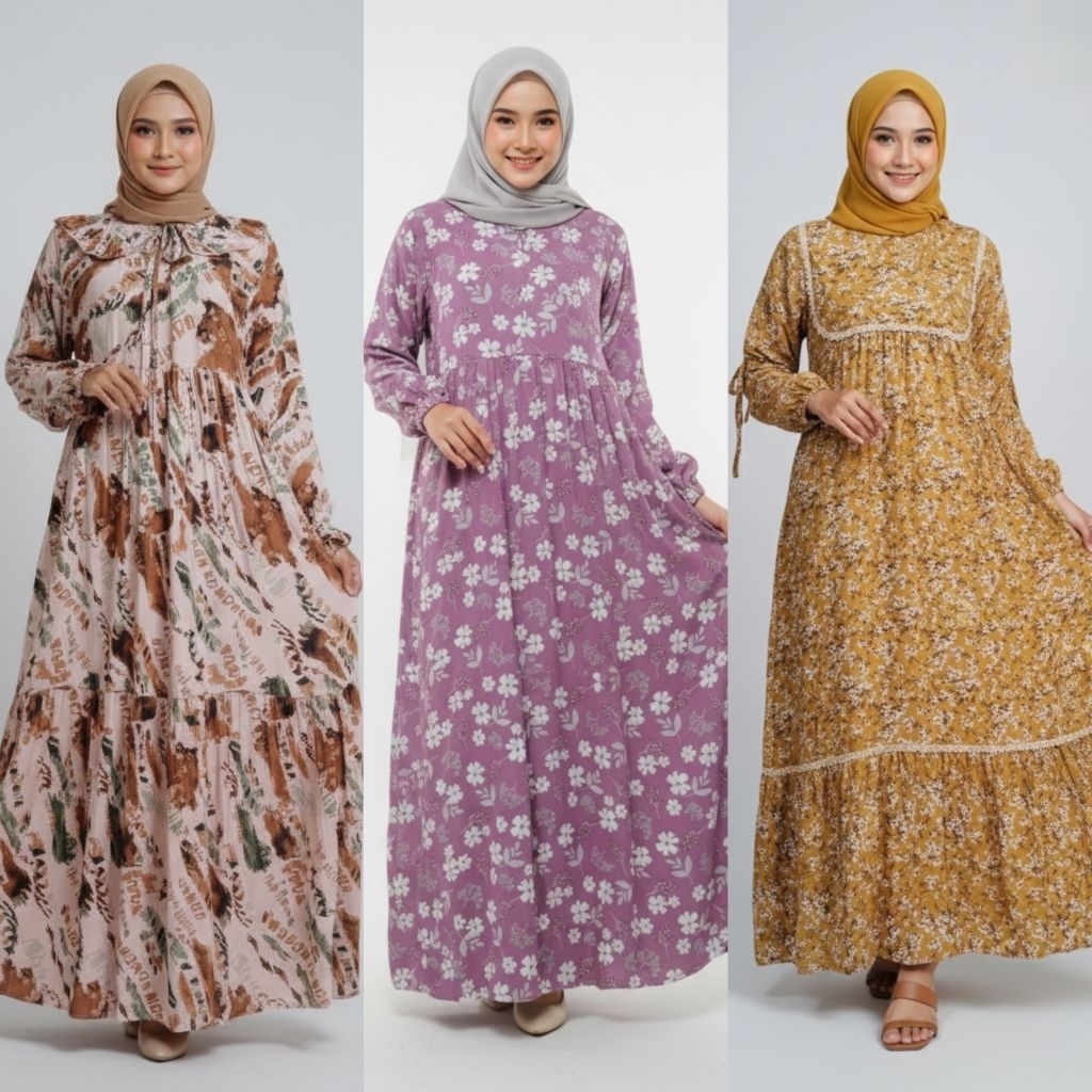 Dress Motif Bahan Rayon Premium / Homedress Rayon Motif / Dress Gamis Wanita Bahan Rayon Murah Premi