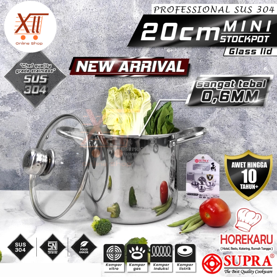 SUPRA MINI STOCKPOT 20 CM WITH GLASS LID Panci Stock Pot / Soup Pot Professional Stainless Steel SUS