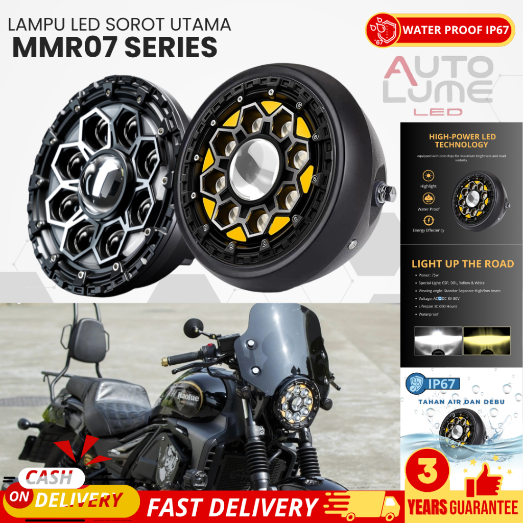 Autolume Lampu Sorot LED MMR07 - Dual Mode Putih & Kuning 6500K | AC/DC 8-80V Universal | 5.75 Inch 