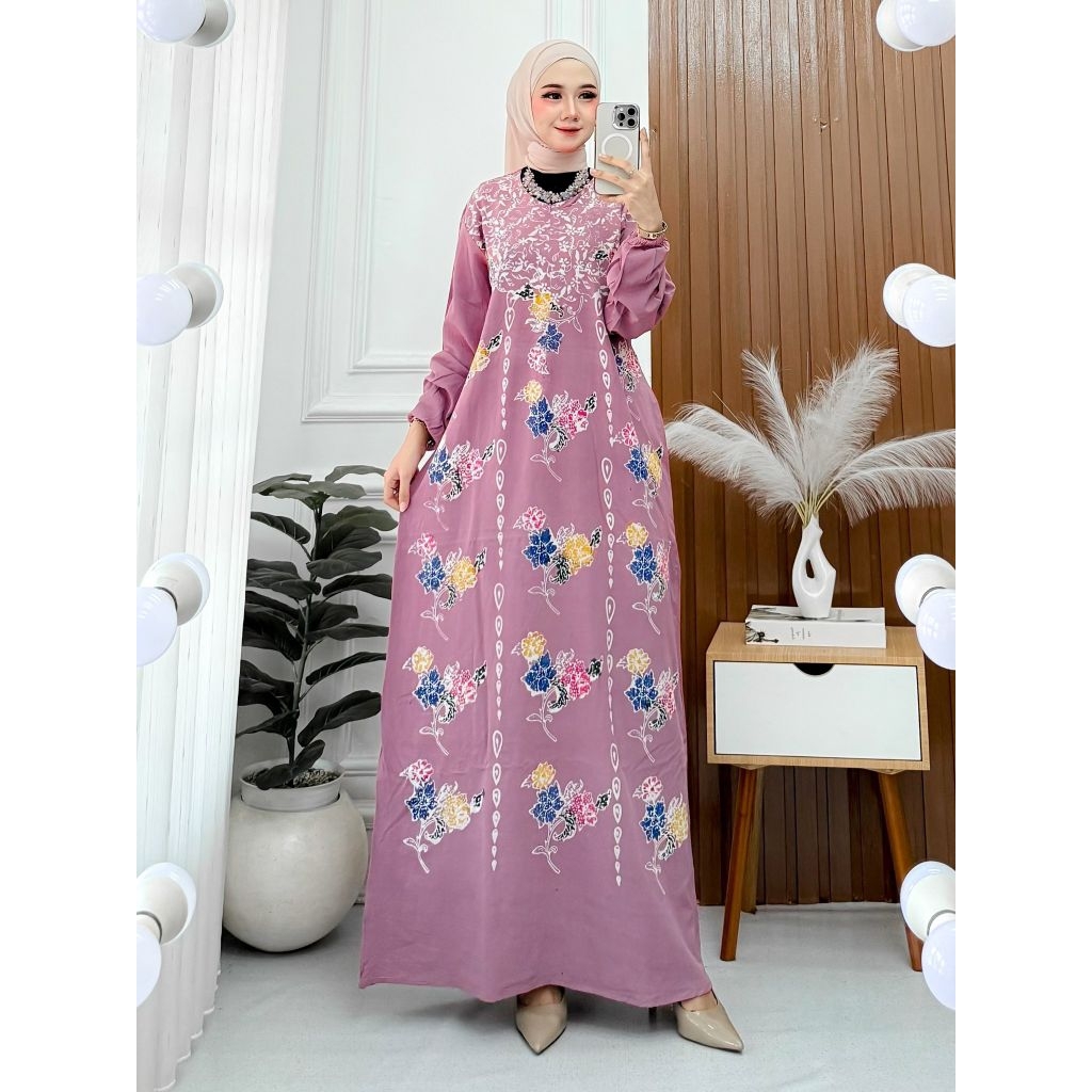 Gamis Batik Encim Adem Nyaman Panjang Muslimah-Pink rantai
