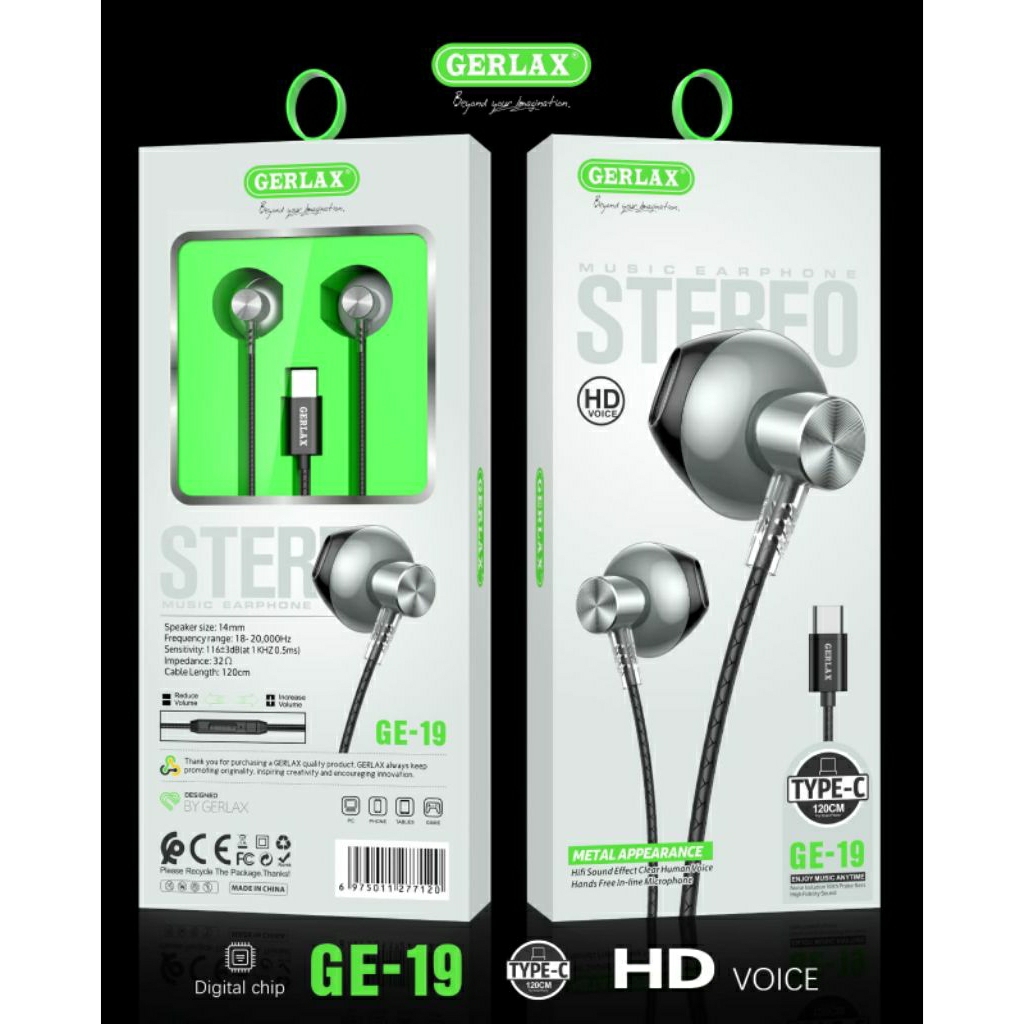 GERLAX GE-19 Headset Colokan Type C Earphone Kabel type c HD Voice Stereo 120cm