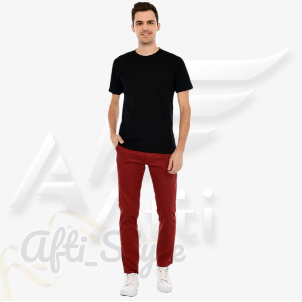 Af Celana Chino Panjang Pria Hipster Slim Fit Cotton Twill Stretch Premium Warna Merah Maroon