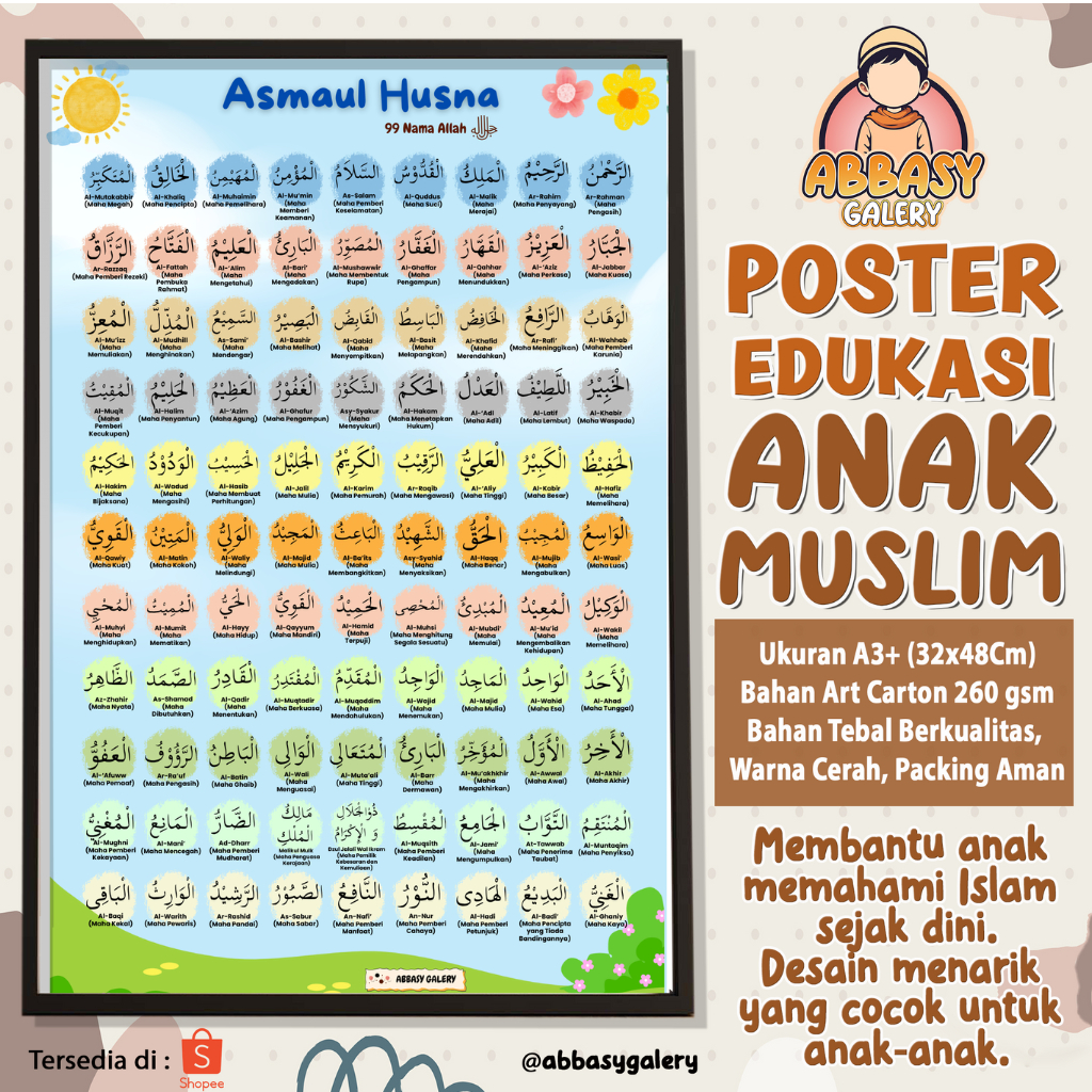 Poster Edukasi Muslim - Poster Dinding - Poster Anak Belajar - Asmaul Husna