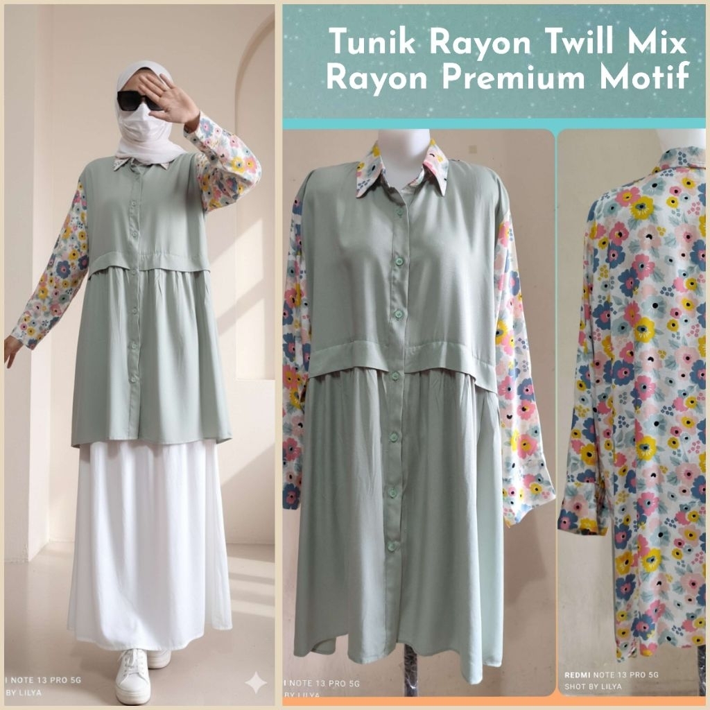 Tunik LD 120 cm Rayon Twill Premium mix Rayon Premium motif kekinian, lengan kancing PB 90 , lingkar