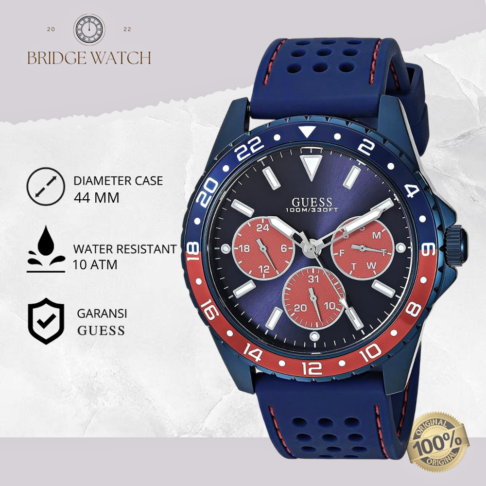 Jam Tangan Pria Guess Odyssey W1108G1 Original Analog Chronograph Sporty Blue Rubber Strap Silicon C