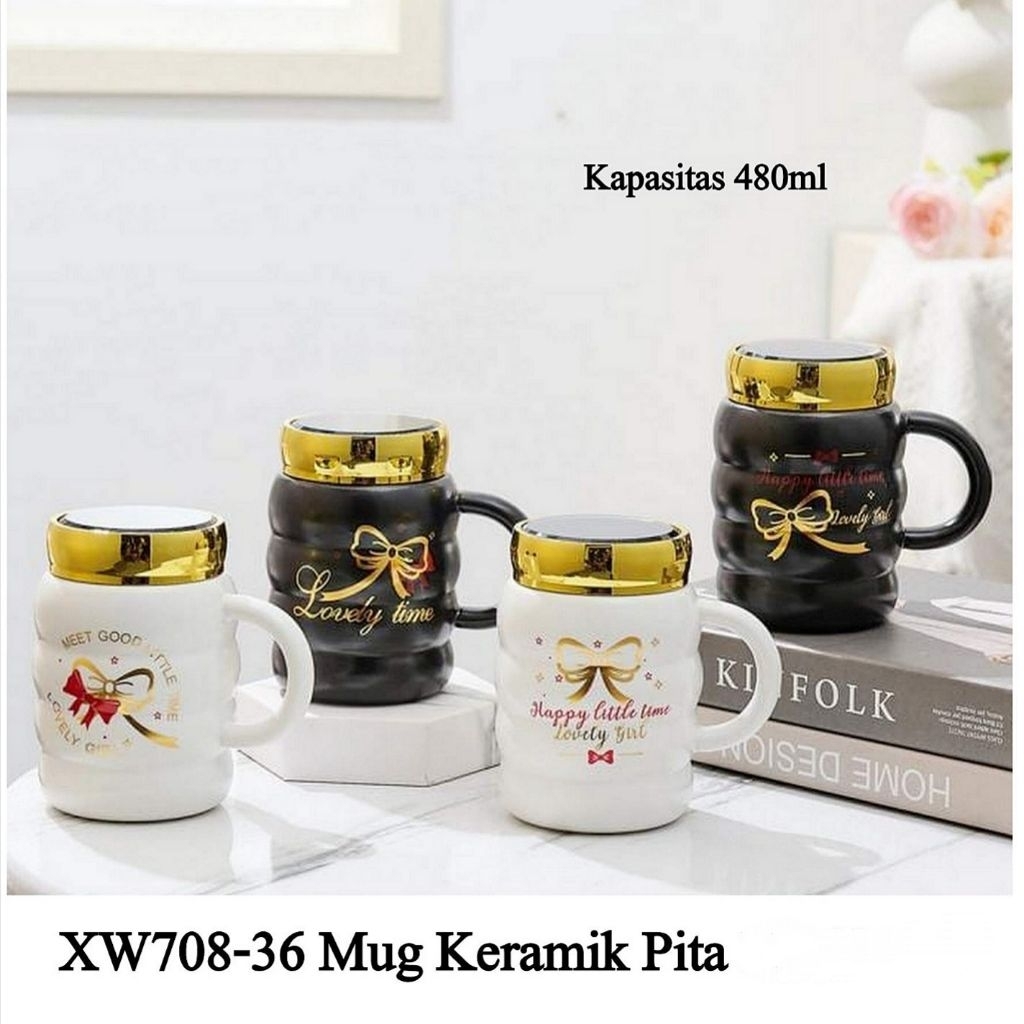Mug Keramik Pita Tutup Putar / Gelas Keramik Tutup Cermin Pita XW708-36