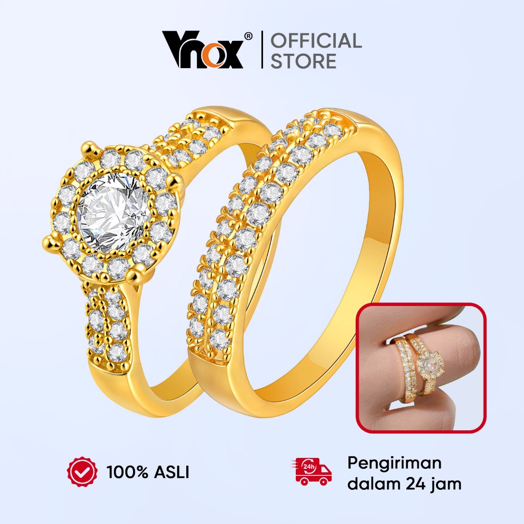 Vnox 2PCS/Set Cincin Wanita Emas Zirkon Anti Karat | Cincin Nikah Cincin Tunangan Wanita Cincin 1 Se