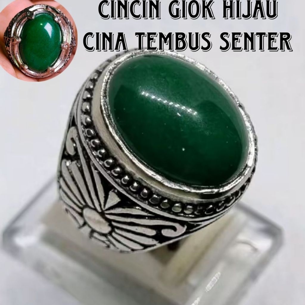 cincin Giok hijau cina tembus senter / cincin batu Akik pria wanita