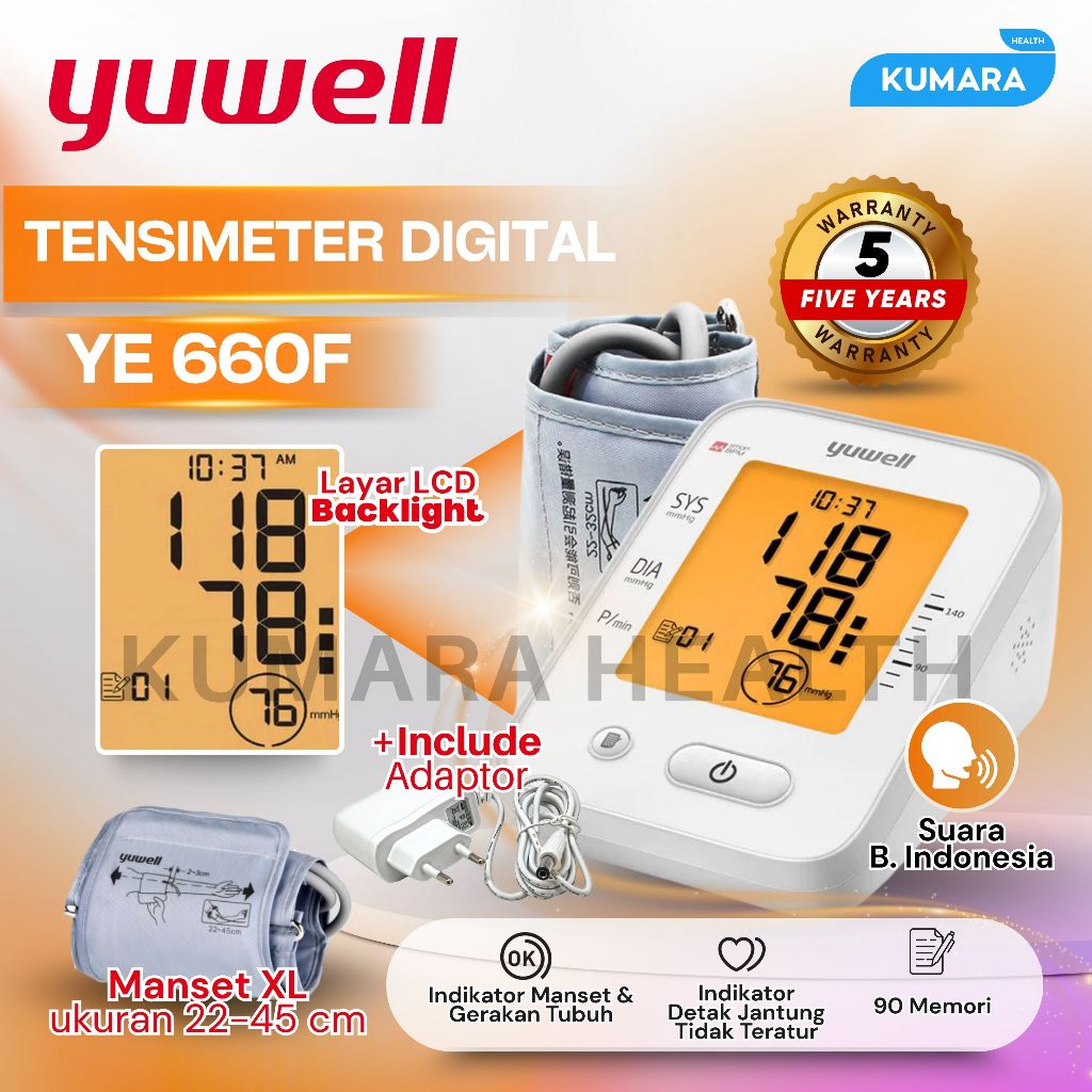 YUWELL - Tensimeter Digital YE 660 F / Alat Cek Tekanan Darah Digital + Adaptor