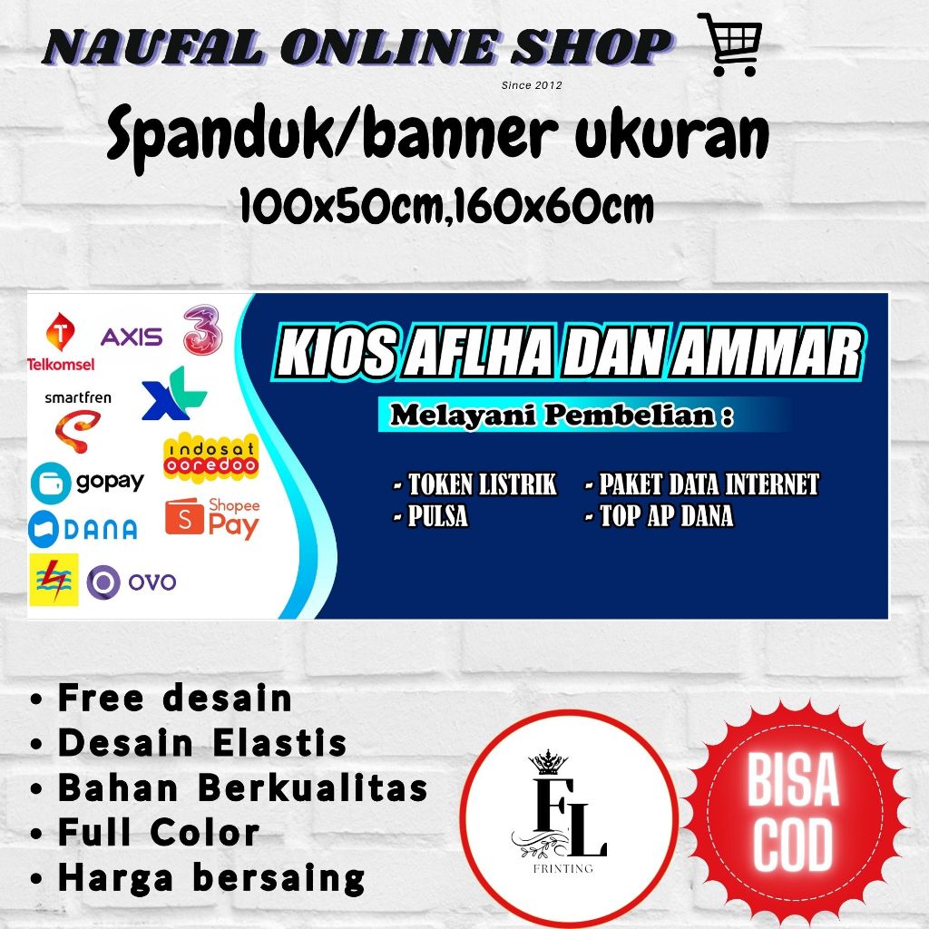 Cetak spanduk banner kios pulsa custom size 100x50 cm sampai 300x100