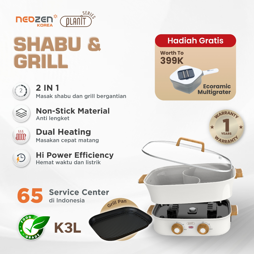 NEOZEN x PLANIT SHABU GRILL - Alat Masak Shabu Hot Pot Multifungsi 2 in 1 Low Watt - Korean Bbq Gril