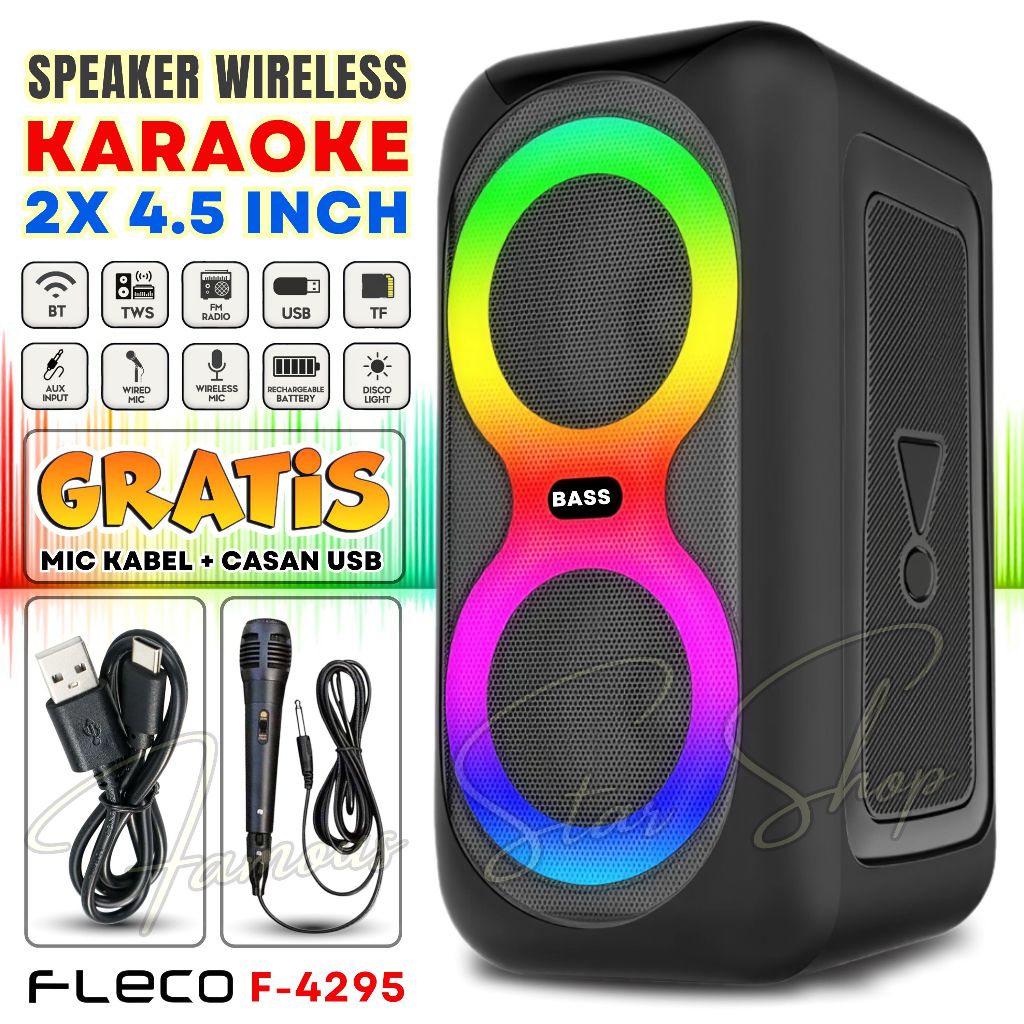 Double Woofer 4.5 Inch Speaker Bluetooth Full Bass Bisa Karaoke FREE MIKROFON Speaker Portable FLECO